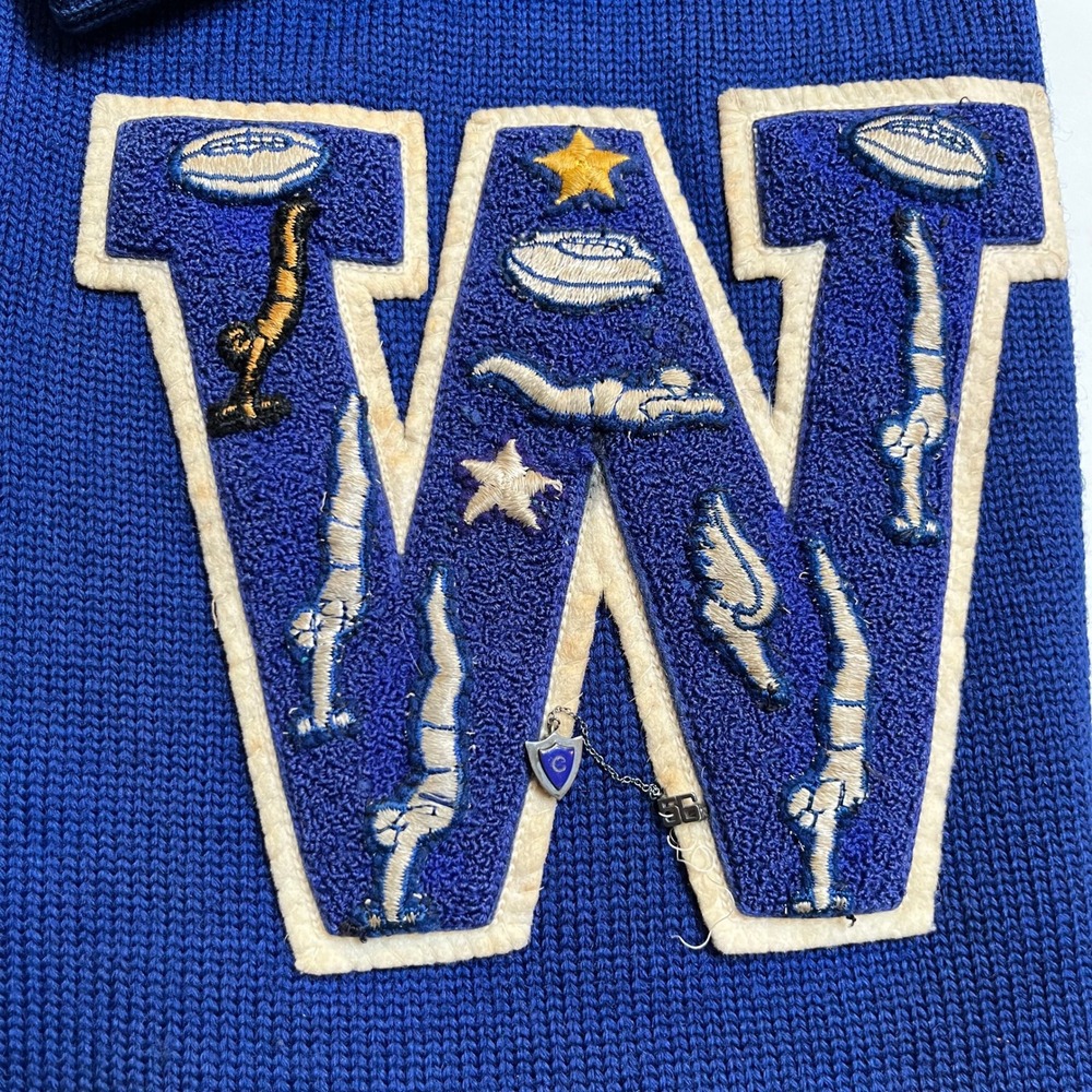 Vintage Mens Royal Blue Wool Letterman Cardigan Sweater W Gymnastics Applique - Picture 4 of 15